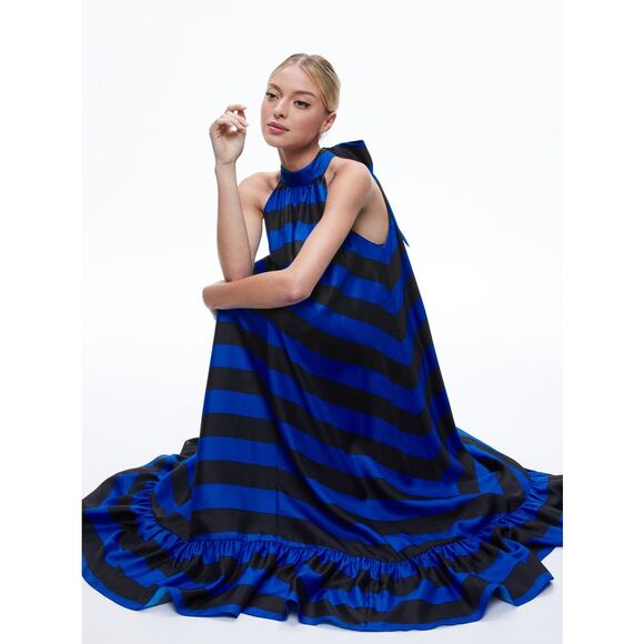 Alice + Olivia Blue and Black Striped Halter Maxi Dress - Picture 3 of 11